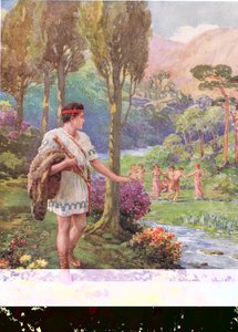 „Ve stínu skal a stromů tančily nymfy a pastýři“, ilustrace k „Jak Theseus zabil požírače lidí“ z Hrdinů řeckých pohádek od Charlese Kingsleyho (1819–75) (barva litho) od Howard Davie