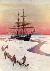 Vykládání "Terra Nova" v McMurdo Sound (barevné lito) od Howard Davie