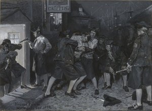 U vývěsního štítu Gryfa, kresba ilustrace k článku „Staré newyorské kavárny“ od Johna Austina Stevense od Howard Pyle