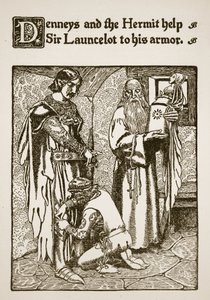 Denneys a poustevník pomáhají siru Launcelotovi do brnění, ilustrace z „Příběhu sira Launcelota a jeho společníků“, 1907 od Howard Pyle