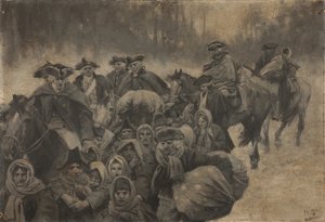 Pět vojáků v červených pláštích na koních a další s pláštěm na očích... kolem nich se shlukovala pestrá směsice chudých lidí, mladých i starých. od Howard Pyle