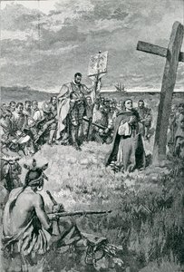 Jacques Cartier (1491-1557) Nastavení kříže u Gaspe, ilustrace z 