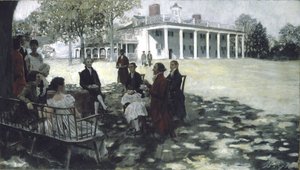 Martha a George Washington baví své přátele na trávníku Mount Vernon, 1898 (olej a grisaille na plátně) od Howard Pyle