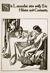 Sir Launcelot sedí se sirem Hilairem a Croisette, ilustrace z knihy "Příběh mistrů kulatého stolu". od Howard Pyle
