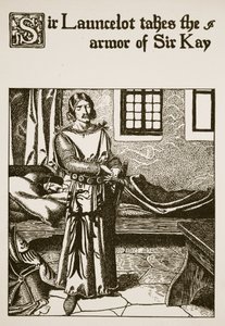 Sir Launcelot si bere brnění Sira Kaye, ilustrace z „Příběhu šampionů kulatého stolu“ od Howard Pyle