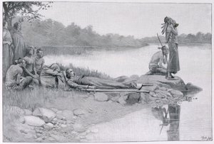 Smrt indiánského náčelníka Alexandra, bratra krále Filipa, ilustrace z „Indiánské cesty“ od Lucy C. Lillie, hospoda. v Harper