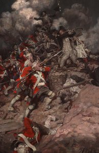 Vyškrábali se na římsu a přes hřeben se vrhli na Brity. od Howard Pyle