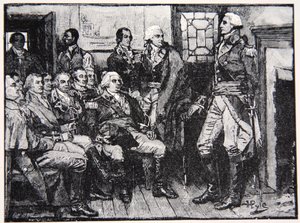 Washington a jeho generálové v poradě, 15. března 1783, ilustrace z Harper