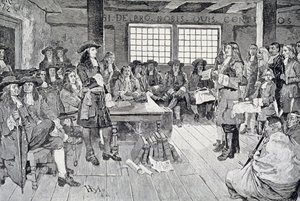 William Penn na konferenci s kolonisty, ilustrace z hospody „První návštěva Williama Penna v Americe“. v Harper