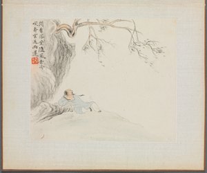 Album krajinných maleb ilustrujících staré básně: Muž leží..., 18. století. od Hua Yan