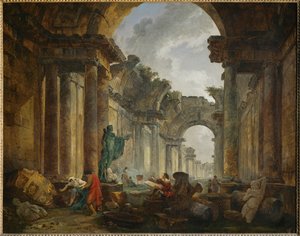 Vue imaginaire de la Grande Galerie du Louvre en ruinesImaginární pohled na ruiny Velké galerie paláce Louvre ...