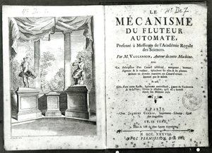 Automatons, ilustrace frontispisu z „Le Mecanisme du fluteur automate“ od Jacquese de Vaucansona, vyryl Francois Vivares (1709-80) 1738