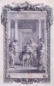Cinna aneb The Clemency of Augustus, tragédie od Pierra Corneille (1606-1684), rytina od Gravelota (1699-1773)