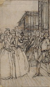 Literární ilustrace se dvěma dámami a dvěma pány v ulici od Hubert Francois Gravelot