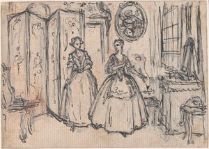 Studie pro „O síle strážce“, leptaná viněta v „Písních v opeře Flora“ od Hubert Francois Gravelot