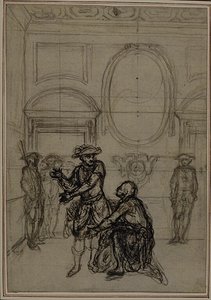 Studie k druhému, nikdy nepublikovanému vydání Colleho hry "La Partie de Chasse de Henri IV", Act I, Scene 6. od Hubert Francois Gravelot