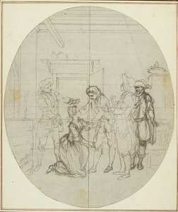 Studie k druhému vydání Colleho hry "La Partie de Chasse de Henri IV", Act III, Scene 11, která nebyla nikdy publikována. od Hubert Francois Gravelot