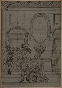 Studie k druhému, nikdy nepublikovanému vydání Colleho hry "La Partie de Chasse de Henri IV", Act I, Scene 6. od Hubert Francois Gravelot