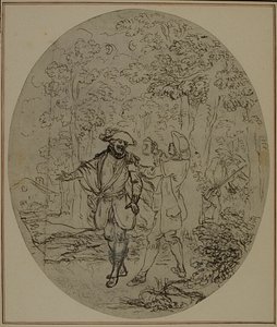 Studie k druhému vydání Colleho hry "La Partie de Chasse de Henri IV", Act II, Scene 11, která nebyla nikdy publikována. od Hubert Francois Gravelot