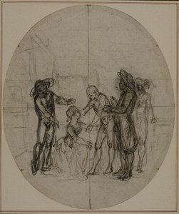 Studie k druhému vydání Colleho hry "La Partie de Chasse de Henri IV", Act III, Scene 11, která nebyla nikdy publikována. od Hubert Francois Gravelot