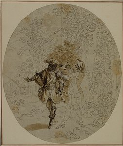 Studie k druhému vydání Colleho hry "La Partie de Chasse de Henri IV", Act II, Scene 11, která nebyla nikdy publikována. od Hubert Francois Gravelot