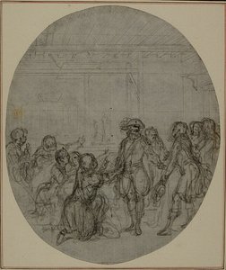 Studie k druhému, nikdy nepublikovanému vydání Colleho hry "La Partie de Chasse de Henri IV", Act III, Scene 13. od Hubert Francois Gravelot