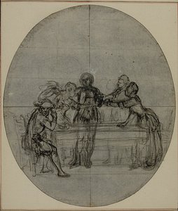 Studie k druhému vydání Colleho hry "La Partie de Chasse de Henri IV", Act III, Scene 10, která nebyla nikdy publikována. od Hubert Francois Gravelot