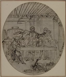 Studie k druhému vydání Colleho hry "La Partie de Chasse de Henri IV", Act III, Scene 10, která nebyla nikdy publikována. od Hubert Francois Gravelot