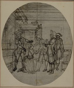 Studie k druhému vydání Colleho hry "La Partie de Chasse de Henri IV", Act III, Scene 11, která nebyla nikdy publikována. od Hubert Francois Gravelot