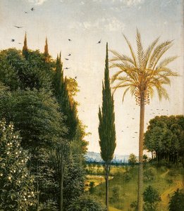 Detail poutníků vedených sv. Kryštofem z pravé strany gentského oltáře od Hubert & Jan van (1390 1441) Eyck