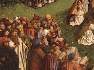 Detail Adoration of the Mystic Lamb, ze středového panelu gentského oltáře (olej na panelu) od Hubert & Jan van (1390 1441) Eyck