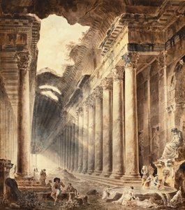 Kolonádová termální budova, střecha částečně otevřená do nebe, s dívkami peroucími prádlo u fontány pod sochou, od Hubert Robert
