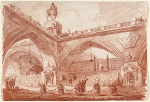 Architektonická fantazie s triumfálním mostem, asi 1760 (červená křída na papíře)