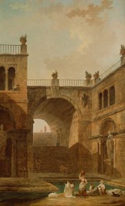 Architektonická scéna s ženami, které perou prádlo u bazénu od Hubert Robert