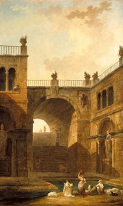 Architektonická scéna se ženami peroucími prádlo u nádrže od Hubert Robert