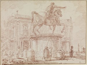 Jezdecká socha Marka Aurelia a Palác konzervátorů v Římě od Hubert Robert