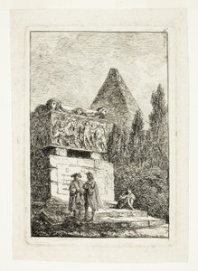 Krajina s pyramidou a sarkofágem, šestá deska z knihy Les Soirées de Rome od Hubert Robert