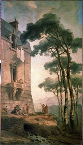 Muzikanti. Pod balkonem měšťanského domu pátrá skupina umělců složená z hudebníků a trenéra medvědů. Malba Huberta Roberta (1733-1808), olej na plátně, francouzské umění. Státní muzeum pod širým nebem Peterhof, Petrohrad od Hubert Robert