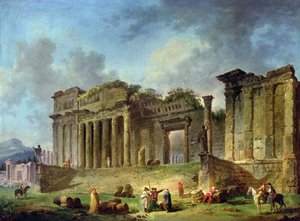Muž skicující ruiny klasického chrámu (olej na plátně) od Hubert Robert