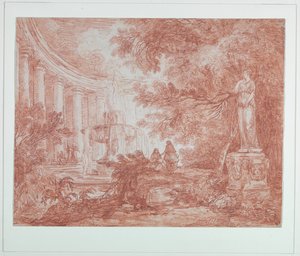 Park s fontánou a sochou od Hubert Robert