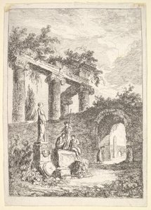 Talíř 3: Socha před ruinami: socha vlevo vedle tří postav na p..., ca. 1763-64. od Hubert Robert