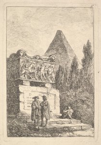 Talíř 6: Sarkofág: dva muži konverzující doleva, další muž sedí a spí..., ca. 1763-64. od Hubert Robert