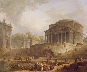 Porto di Ripetta v Římě, s Pantheonem, architektonické tablo, 1766 od Hubert Robert