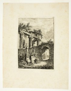 Socha před ruinami, třetí deska z knihy Les Soirées de Rome od Hubert Robert