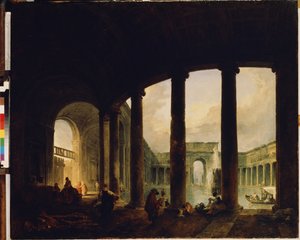 ""Bazén obklopený kolonádou"" (Bazén obklopený kolonádou (Villa Giulia?)) To může být Villa Giulia v Římě. Obraz Huberta Roberta (1733-1808) Ermitážní muzeum Petrohrad od Hubert Robert