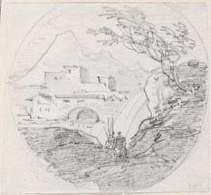Pohled z hřebene na vesnici a vzdálené hory od Hubert Robert