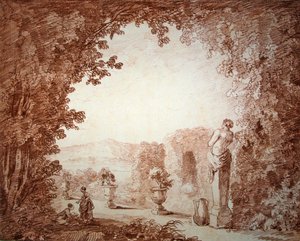 Pohled na zahradu se sochami (červená křída na papíře) od Hubert Robert