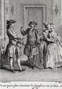Nemohu dál snášet muka, kde jsem, ilustrace pro Eugenii od Beaumarchaise, vyryla Louis Joseph Masquelier (1741-1811) od Hubert after Gravelot
