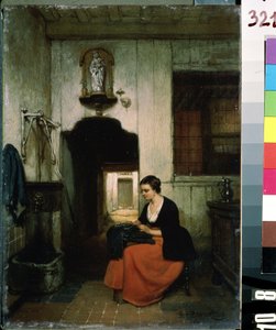 "La brodeuse"" (vyšívačka) Mladá žena, která dělá šicí práce v belgickém interiéru. Obraz Hubertuse van Hove (1814-1865) 1860 Michail Kroshitsky Art Museum, Sevastopol (Sevastopol) Ukrajina