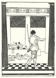 Odysseus zabíjí nápadníky Penelopy (litografie) od Hugh Chesterman